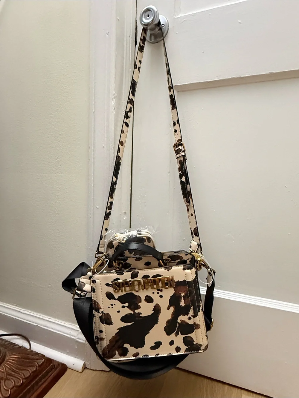 Steve Madden Cow Print Top-Handle Crossbody - Beige & Brown